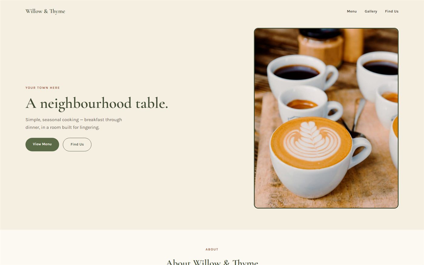 Willow & Thyme homepage — warm, cream homepage with real cafe photography for a neighbourhood restaurant
