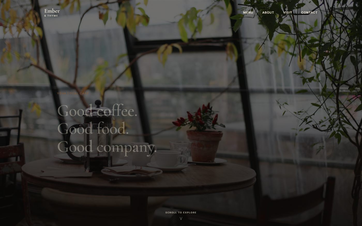 Ember & Thyme homepage — cinematic photography and editorial serif type for a neighbourhood cafe