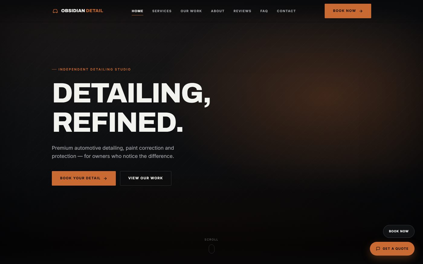 Obsidian Detail homepage — dark, bold design for a car detailing studio