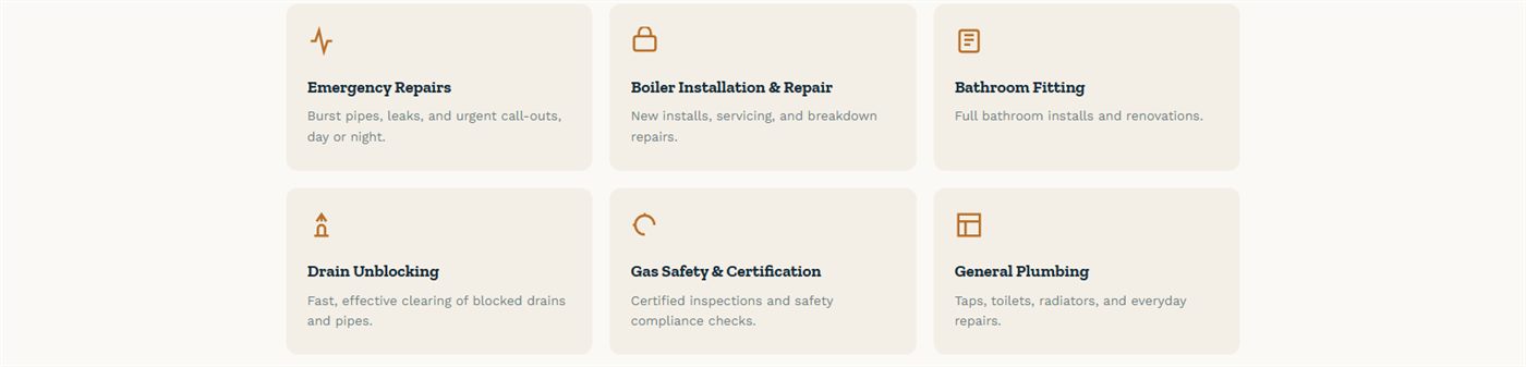 Plumbing services site — service grid with clear icons and short descriptions